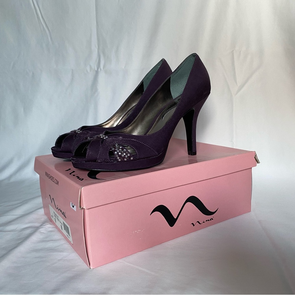 Nina Shoes Malana Deep Wine Purple Rhinestone Satin Wedding Prom Heels Shoes 8 M